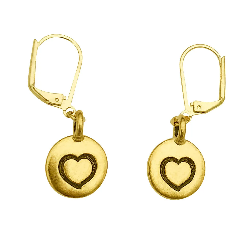 DragonWeave Heart Circle Charm Necklace and Earring Set, Gold Plated Black Leather Choker and Leverback Earrings