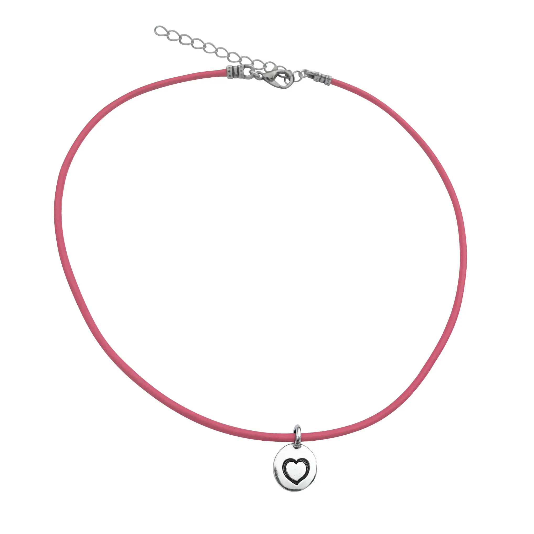DragonWeave Heart Circle Charm Necklace and Earring Set, Silver Plated Pink Leather Choker and Leverback Earrings