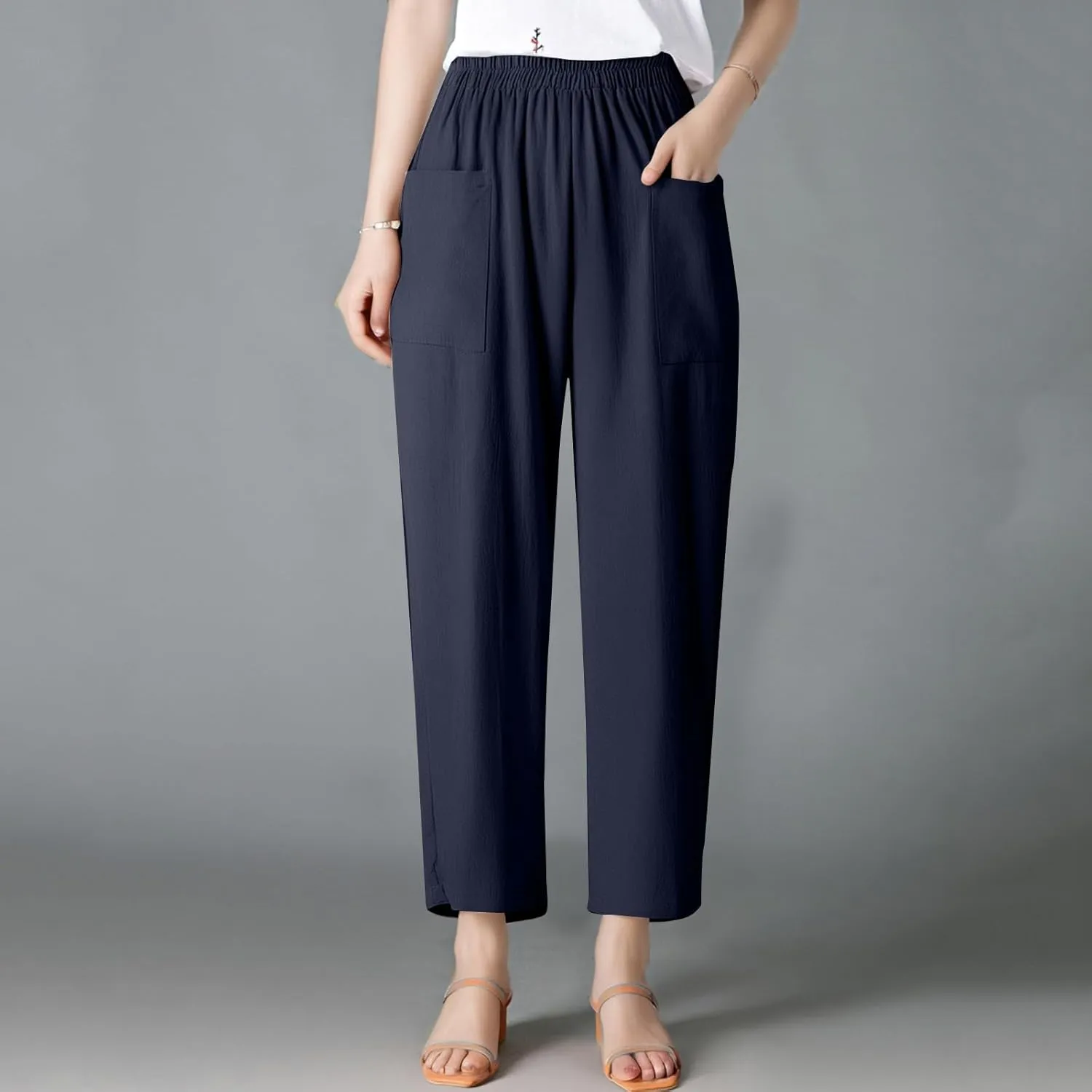 Dressy Palazzo Pants for Women Flowy Linen Pants Elastic High Waist Summer Work Pant Trouser Lounge Pant with Pocket