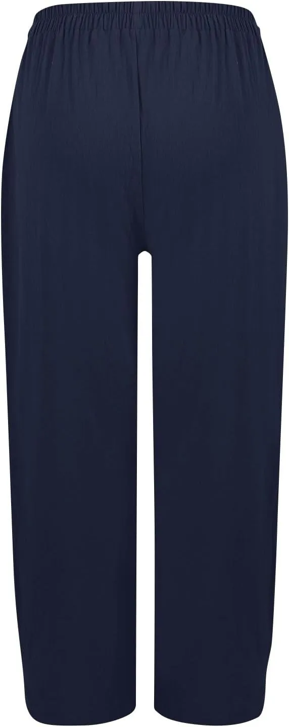 Dressy Palazzo Pants for Women Flowy Linen Pants Elastic High Waist Summer Work Pant Trouser Lounge Pant with Pocket