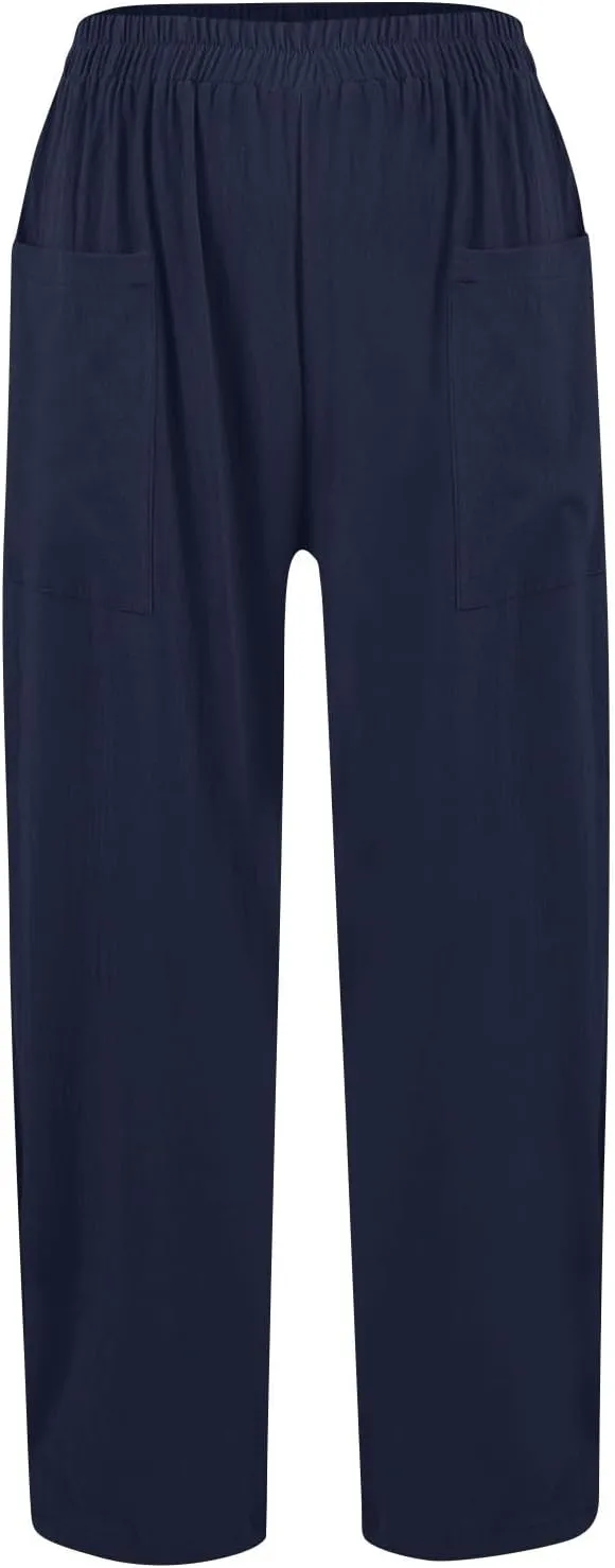 Dressy Palazzo Pants for Women Flowy Linen Pants Elastic High Waist Summer Work Pant Trouser Lounge Pant with Pocket