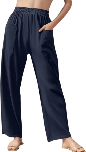 Dressy Palazzo Pants for Women Flowy Linen Pants Elastic High Waist Summer Work Pant Trouser Lounge Pant with Pocket