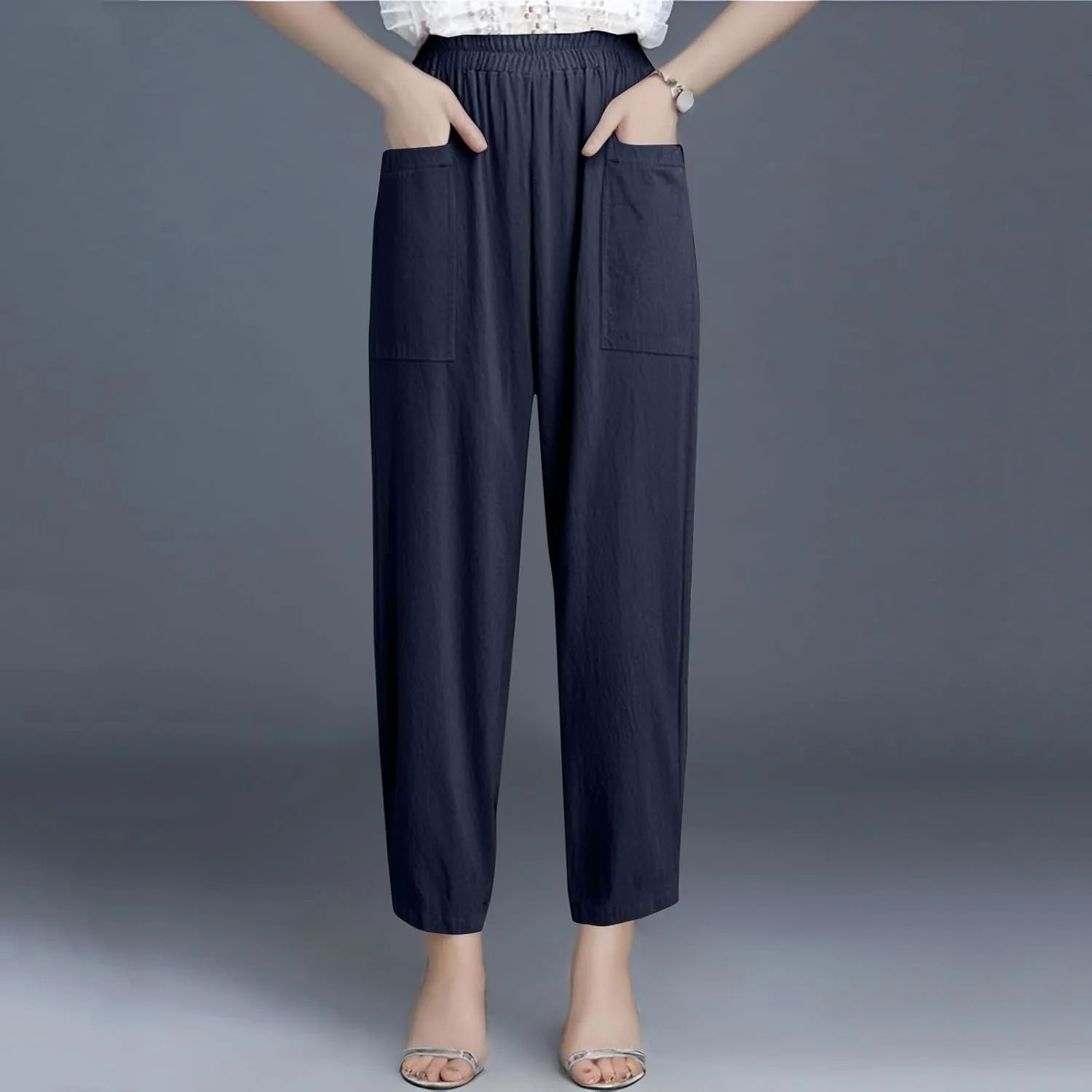 Dressy Palazzo Pants for Women Flowy Linen Pants Elastic High Waist Summer Work Pant Trouser Lounge Pant with Pocket