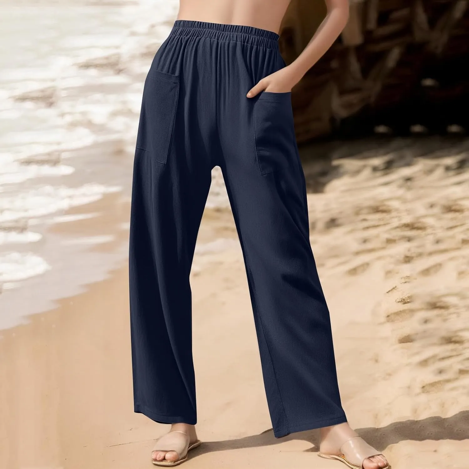 Dressy Palazzo Pants for Women Flowy Linen Pants Elastic High Waist Summer Work Pant Trouser Lounge Pant with Pocket
