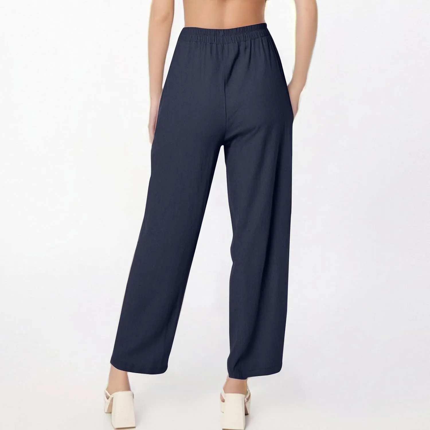 Dressy Palazzo Pants for Women Flowy Linen Pants Elastic High Waist Summer Work Pant Trouser Lounge Pant with Pocket