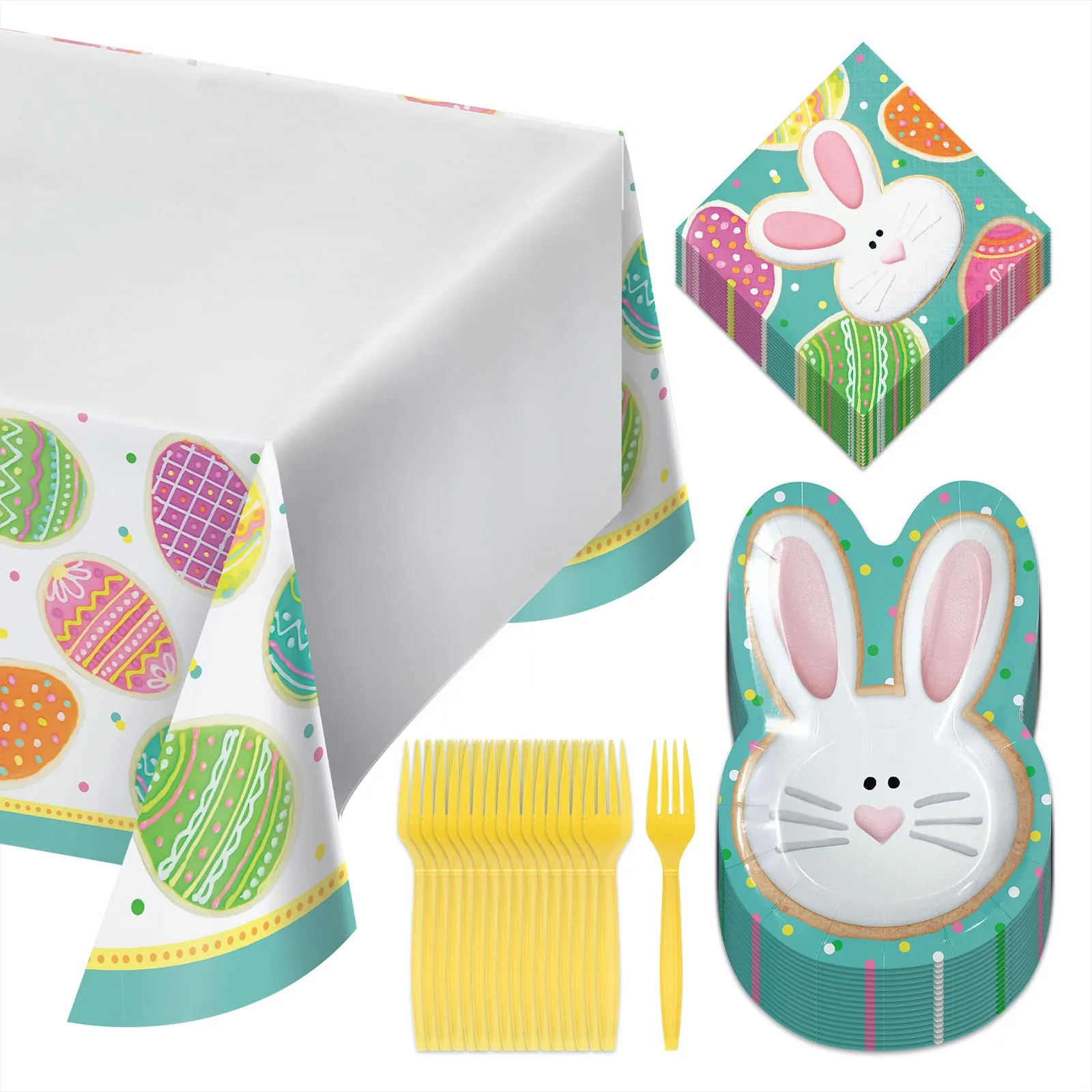 Easter Bunny Shaped Cookie Paper Dessert Plates, Beverage Napkins, Table Cover, and Forks