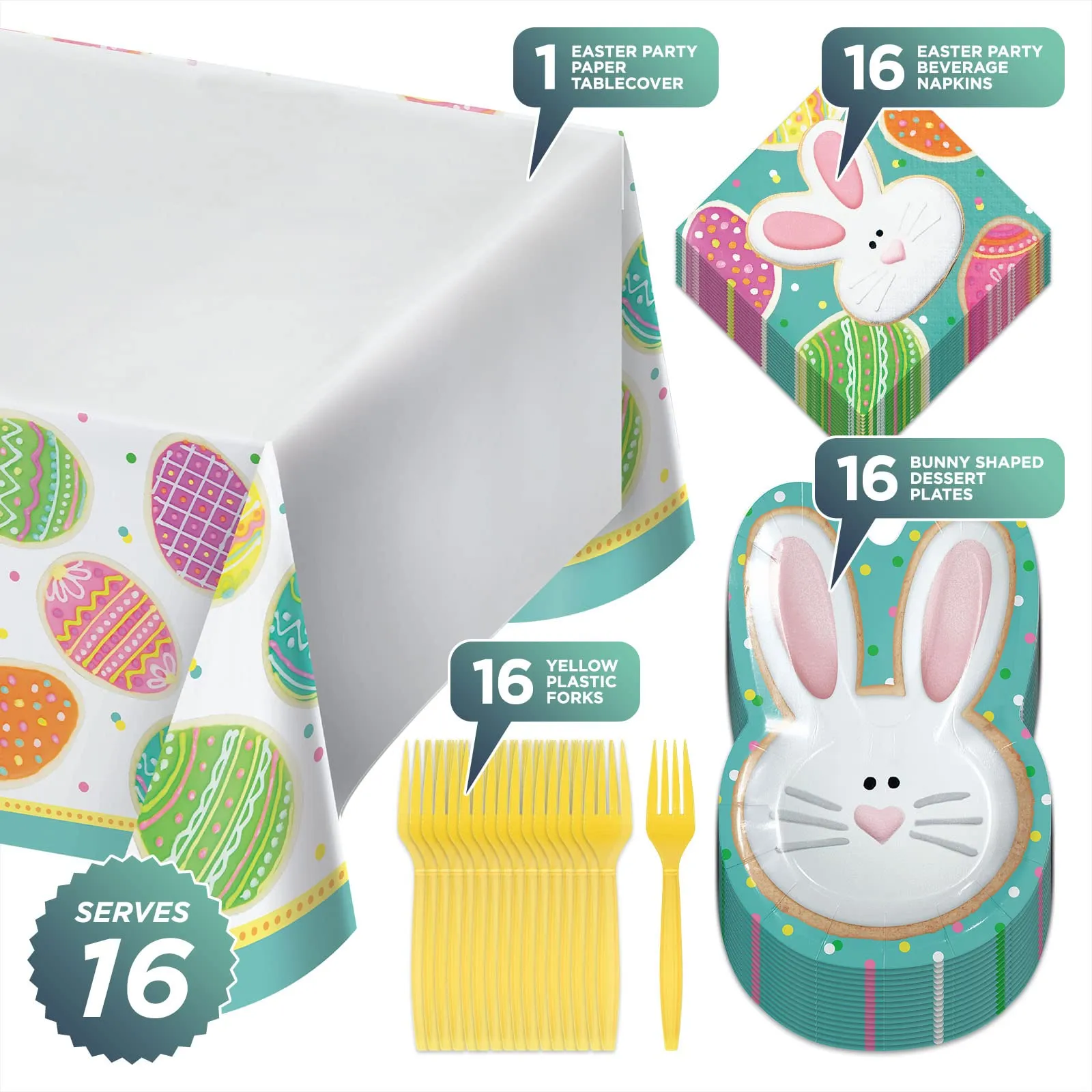 Easter Bunny Shaped Cookie Paper Dessert Plates, Beverage Napkins, Table Cover, and Forks