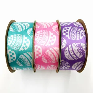 Easter Egg Ribbon stencil print in white with pink, teal or  lavender background printed on 1.5" white satin