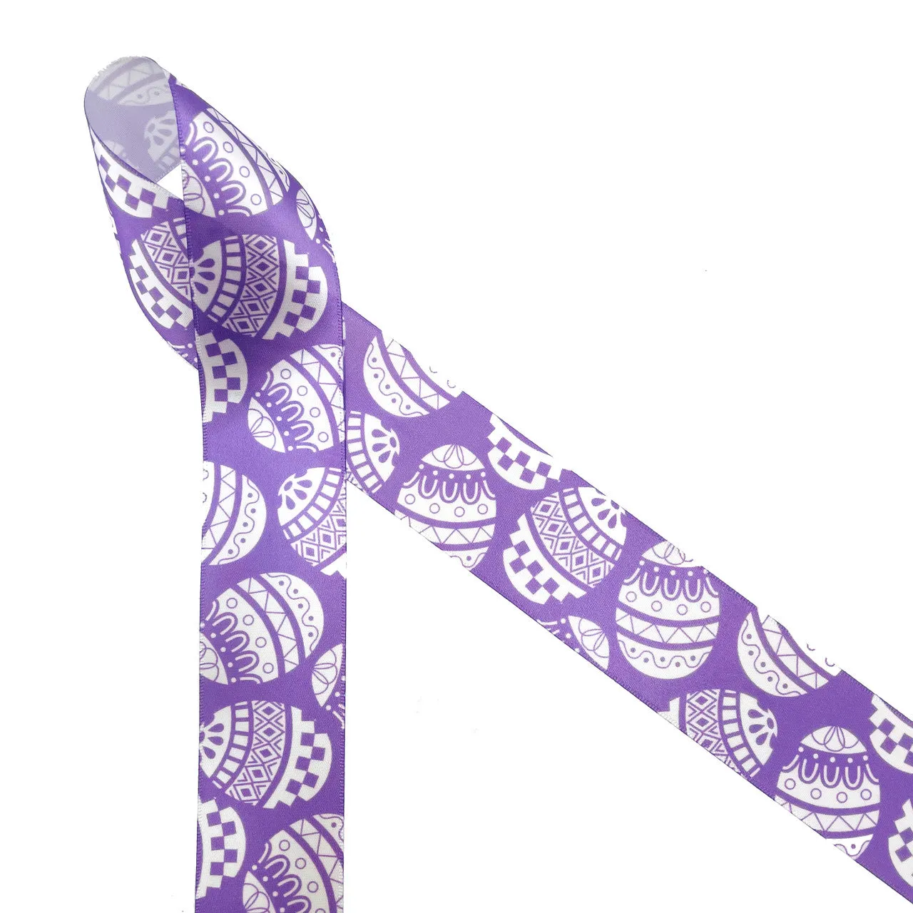 Easter Egg Ribbon stencil print in white with pink, teal or  lavender background printed on 1.5" white satin