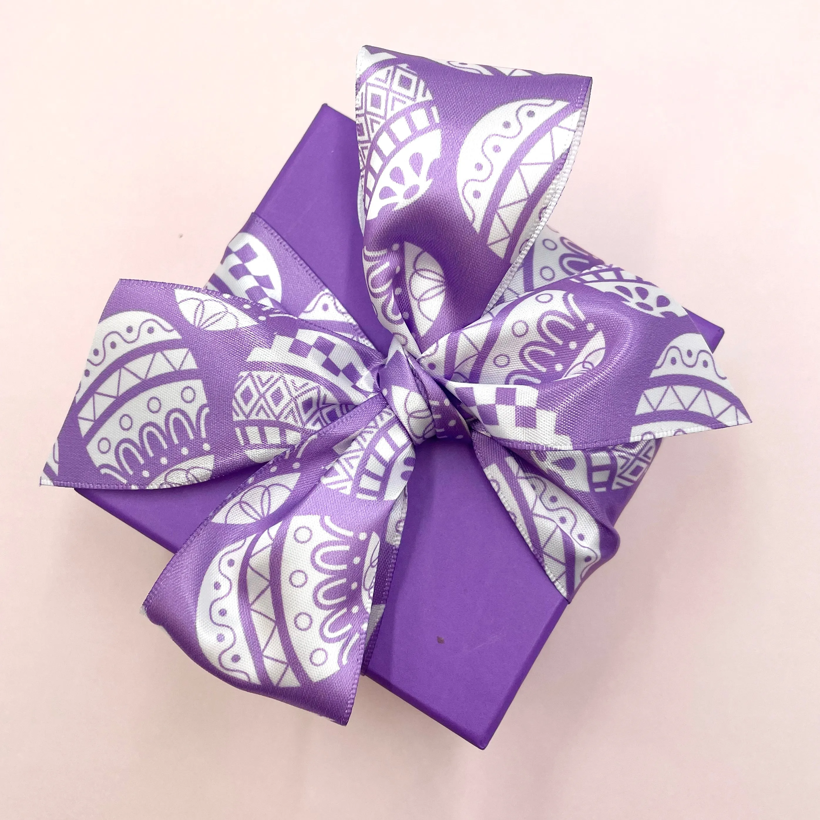 Easter Egg Ribbon stencil print in white with pink, teal or  lavender background printed on 1.5" white satin