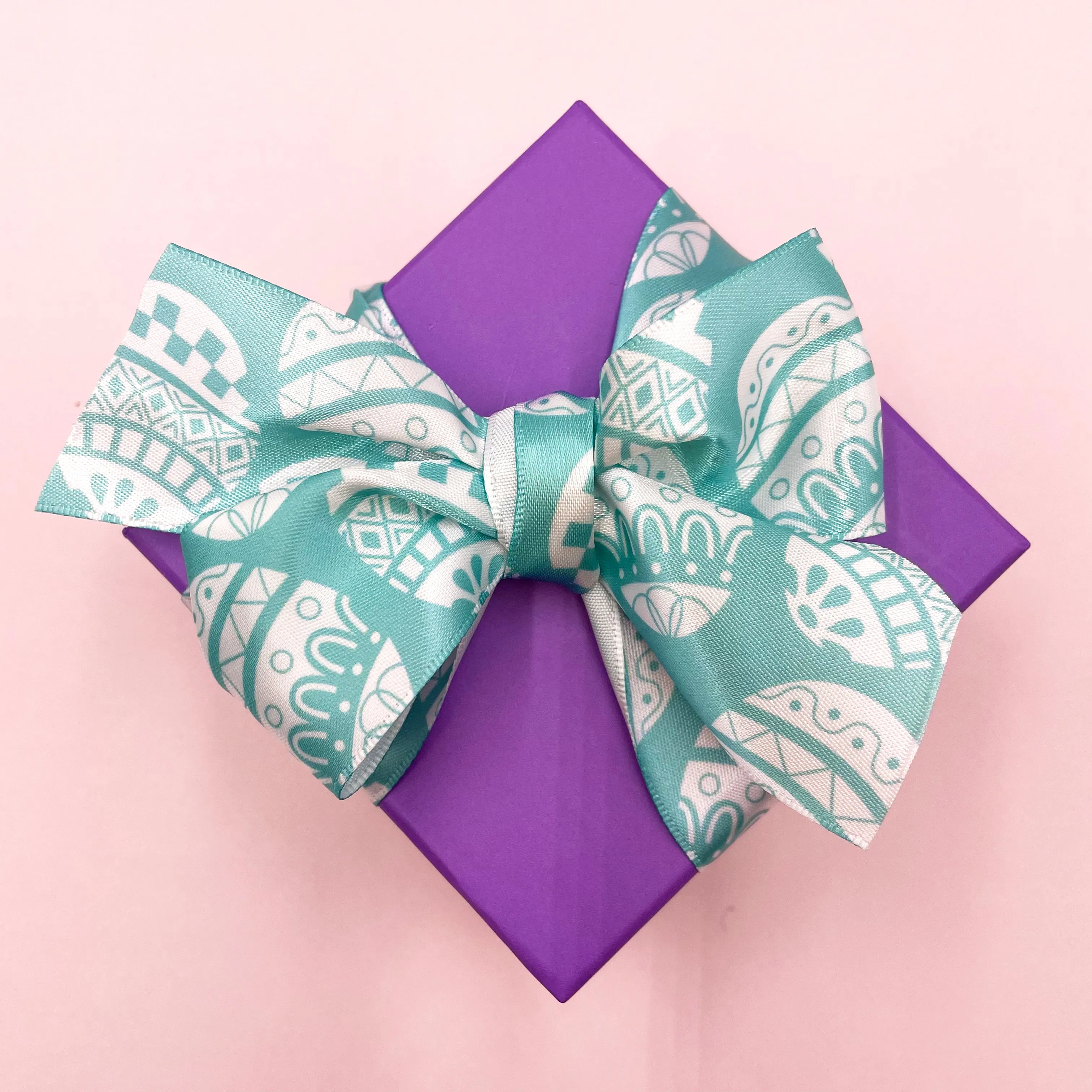 Easter Egg Ribbon stencil print in white with pink, teal or  lavender background printed on 1.5" white satin