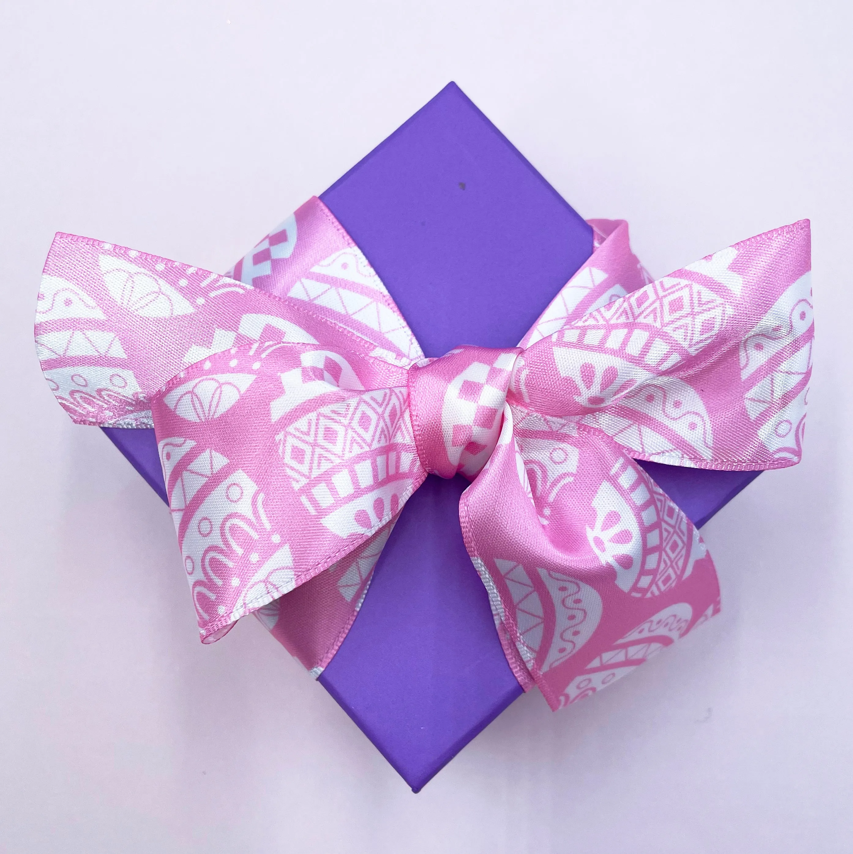 Easter Egg Ribbon stencil print in white with pink, teal or  lavender background printed on 1.5" white satin