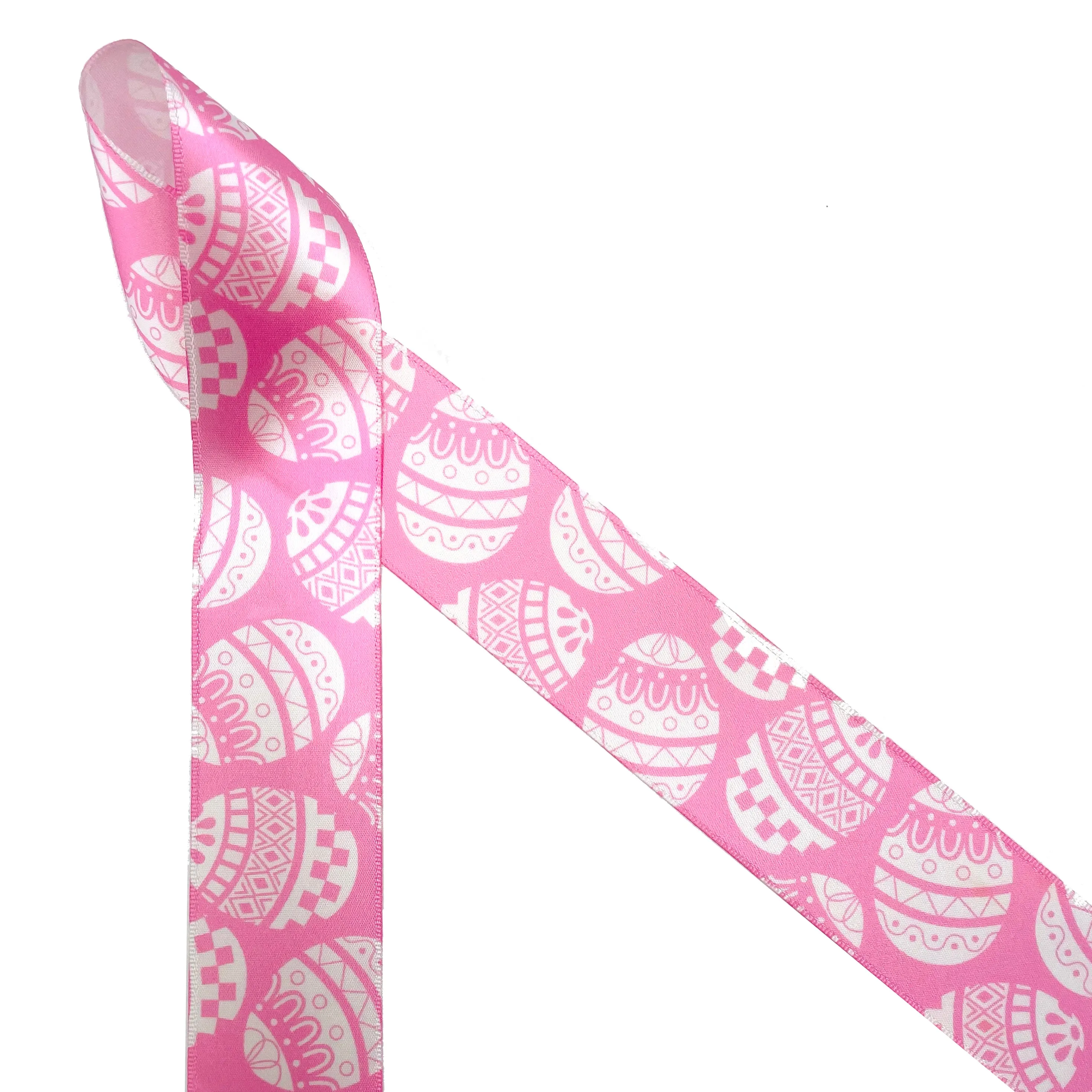Easter Egg Ribbon stencil print in white with pink, teal or  lavender background printed on 1.5" white satin