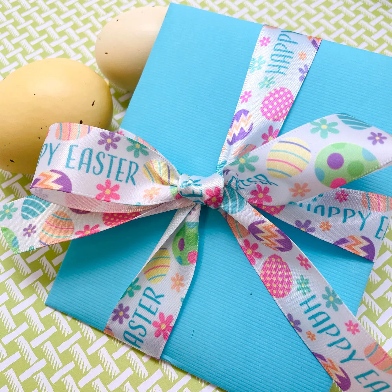 Easter Ribbon Happy Easter with eggs printed on 7/8" white satin