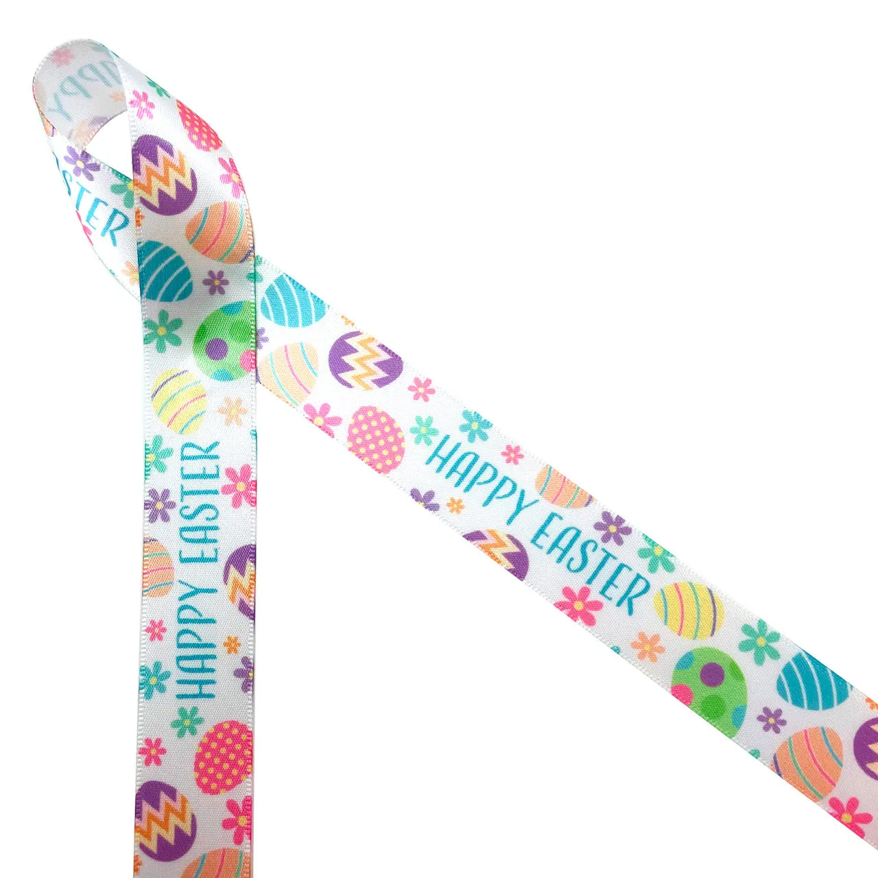 Easter Ribbon Happy Easter with eggs printed on 7/8" white satin