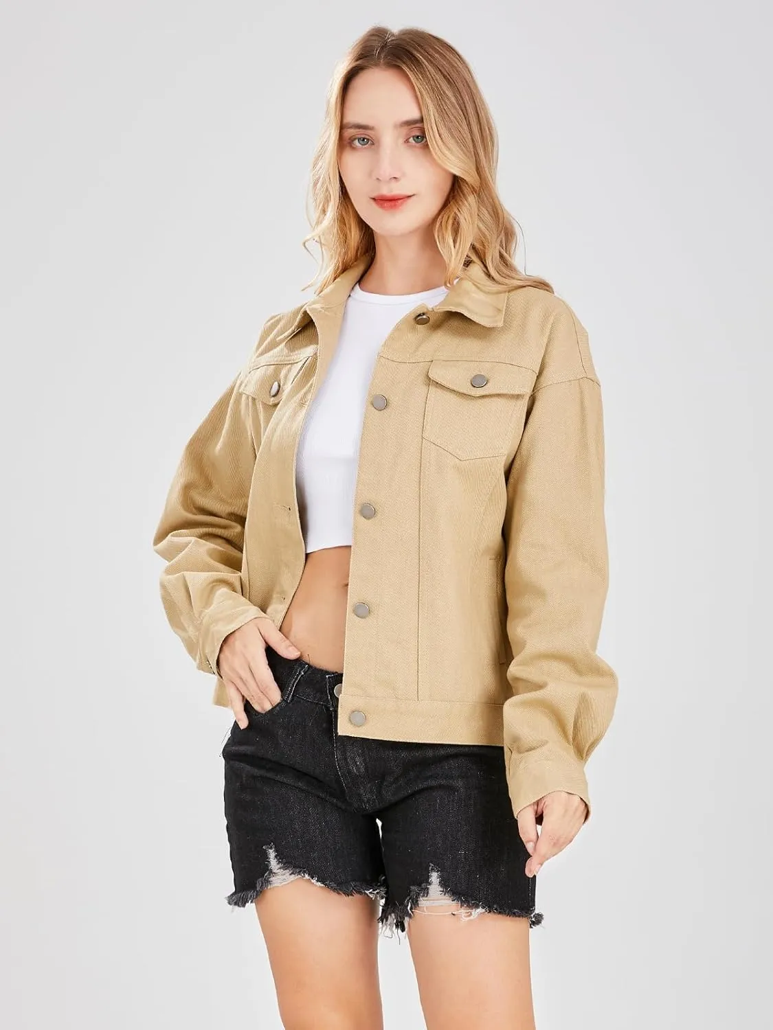 ebossy Women's Candy Color Denim Jacket Relaxed Fit Casual Jean Trucker Jacket