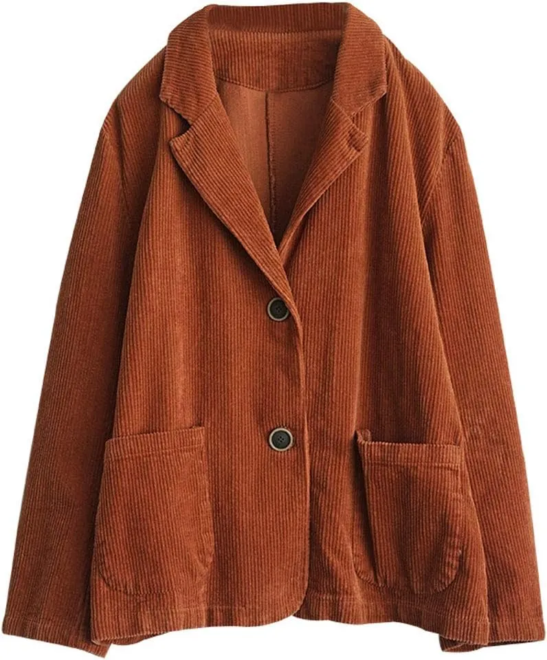 ebossy Women's Casual Relaxed Fit Notch Collar Two Button Corduroy Blazer Jacket