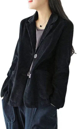 ebossy Women's Casual Relaxed Fit Notch Collar Two Button Corduroy Blazer Jacket