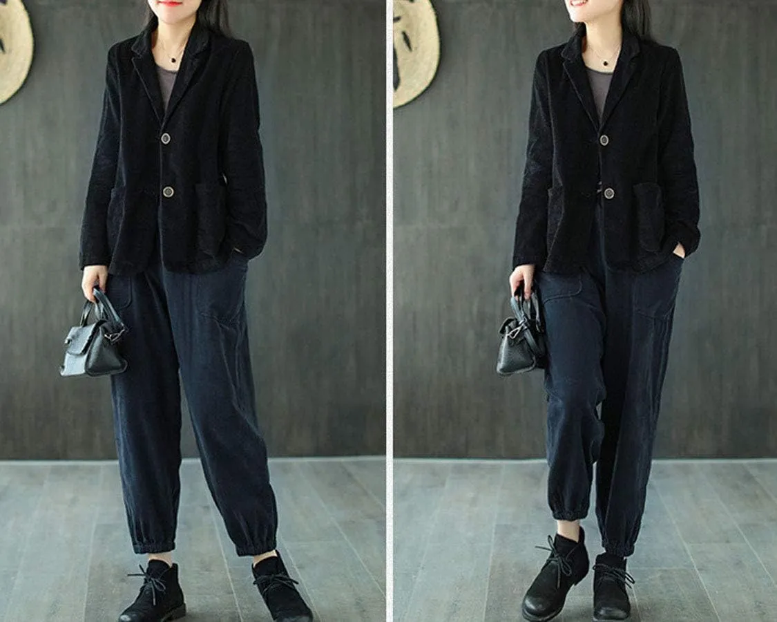 ebossy Women's Casual Relaxed Fit Notch Collar Two Button Corduroy Blazer Jacket