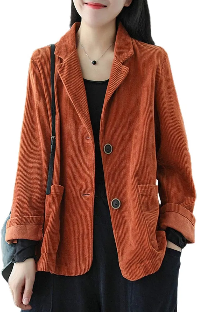 ebossy Women's Casual Relaxed Fit Notch Collar Two Button Corduroy Blazer Jacket