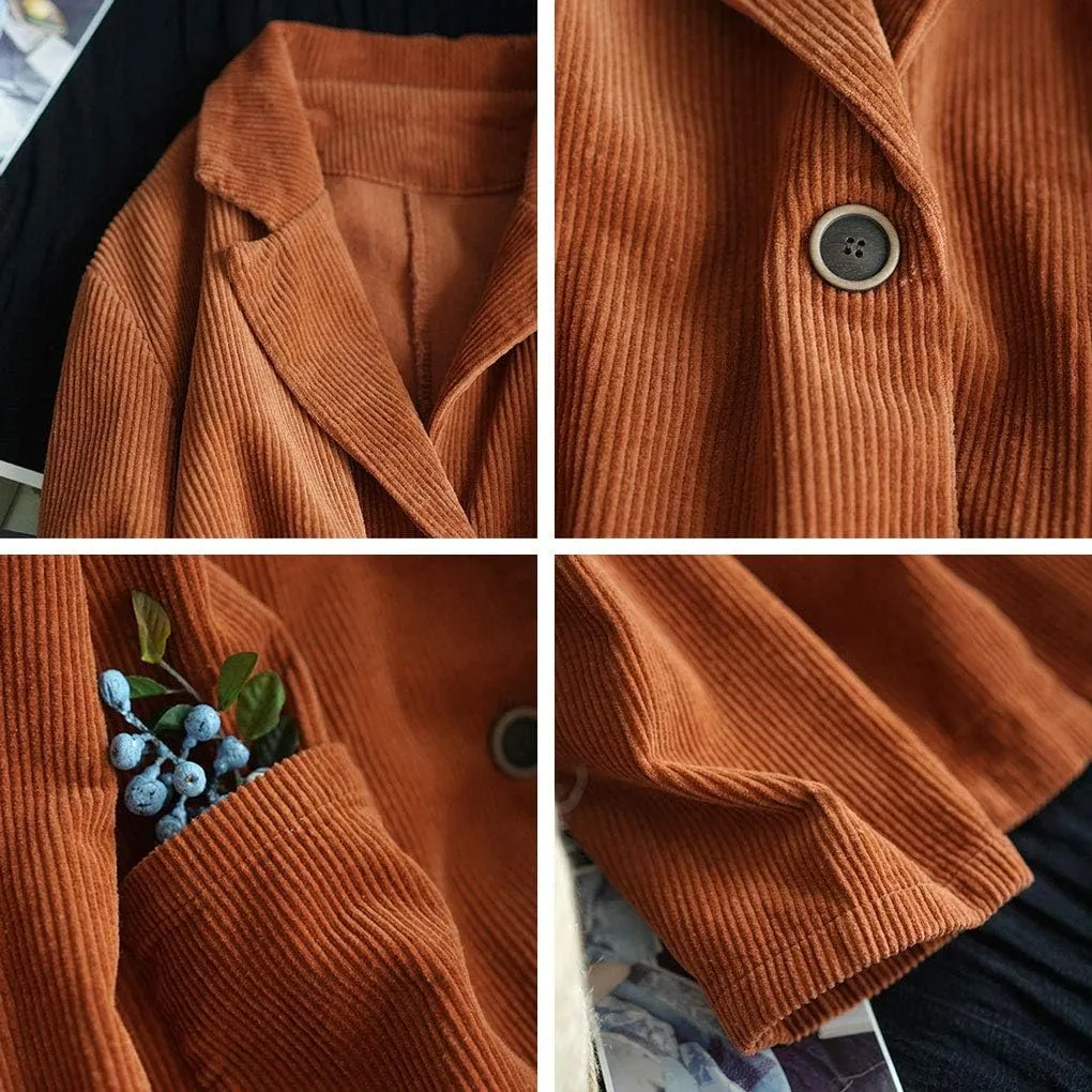 ebossy Women's Casual Relaxed Fit Notch Collar Two Button Corduroy Blazer Jacket