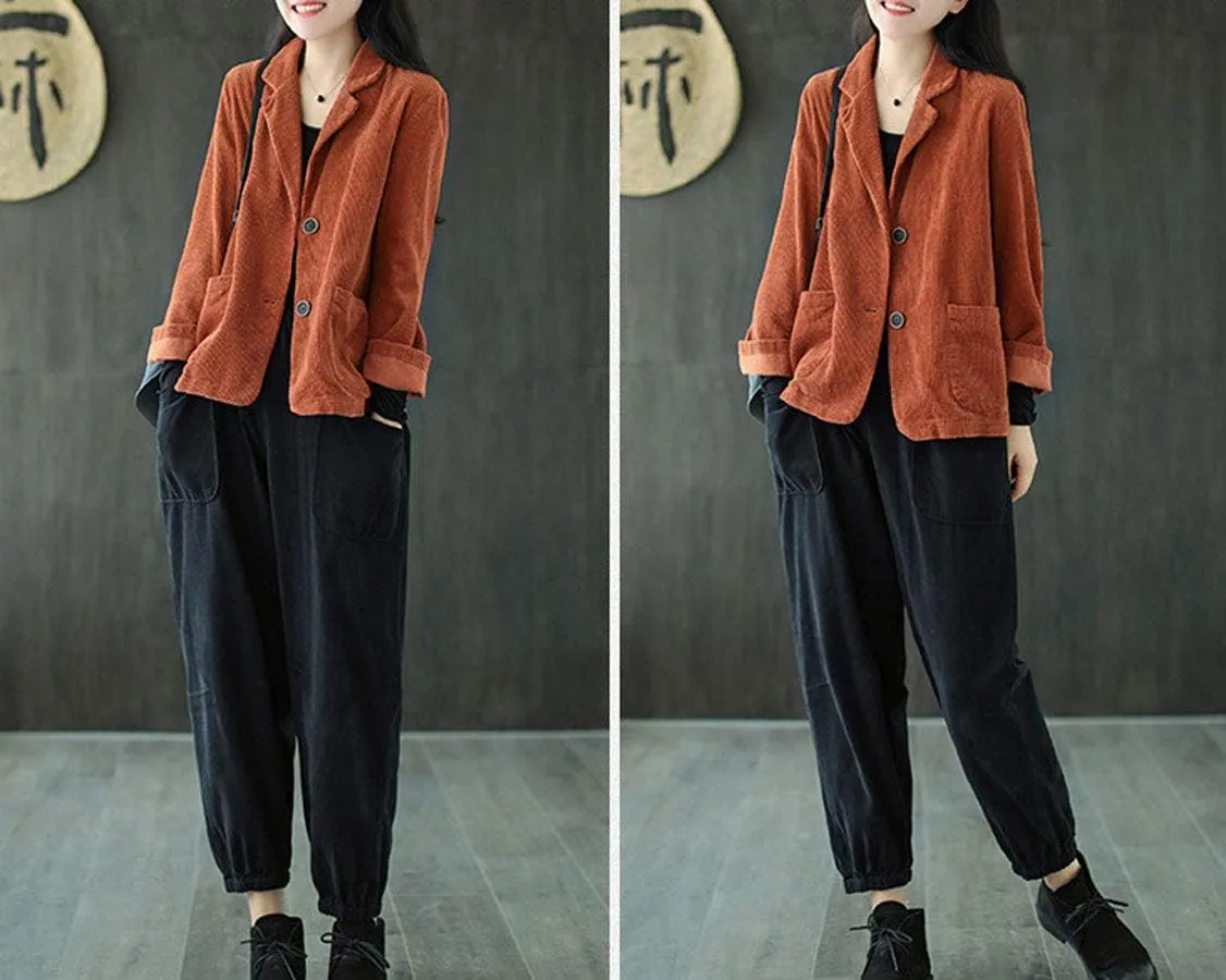 ebossy Women's Casual Relaxed Fit Notch Collar Two Button Corduroy Blazer Jacket