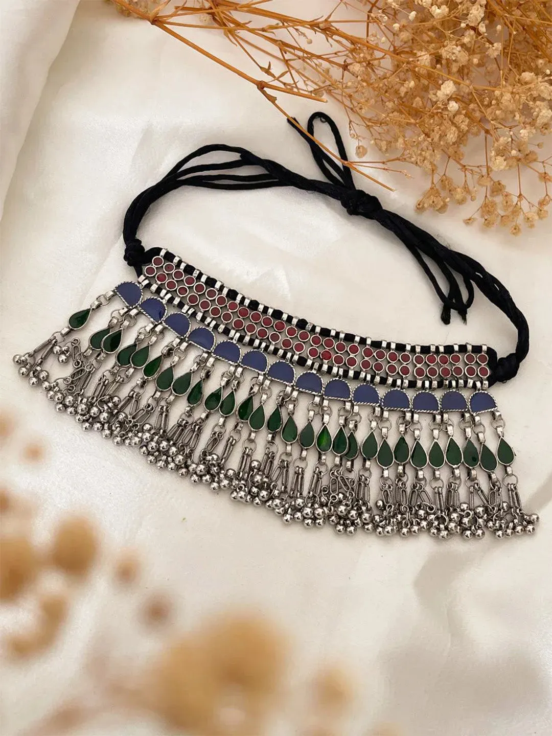 Elegant Oxidised Silver Pearl Choker Necklace