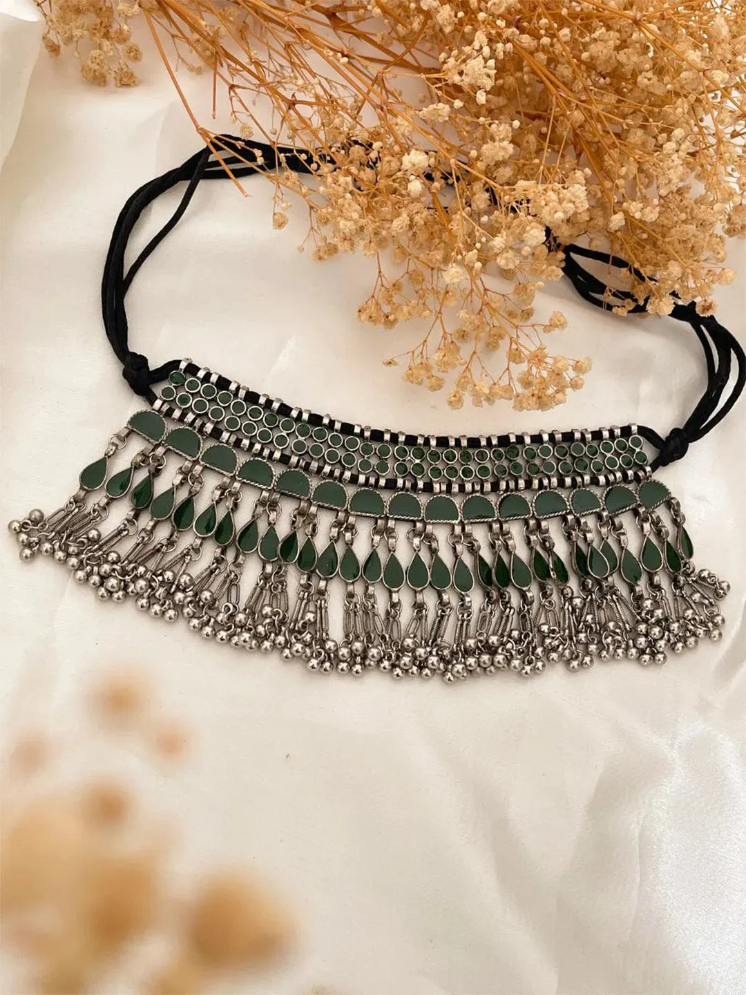Elegant Oxidised Silver Pearl Choker Necklace