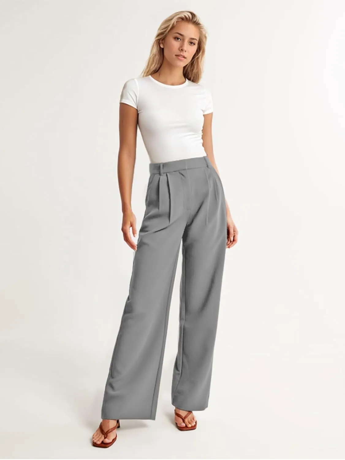ELLEVEN Wide Leg Dress Pants for Woman, High Waisted Business Casual Work Trousers with Pockets