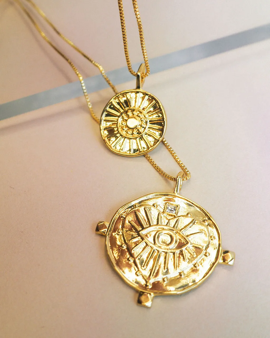 Evil Eye Double Coin Necklace- Gold