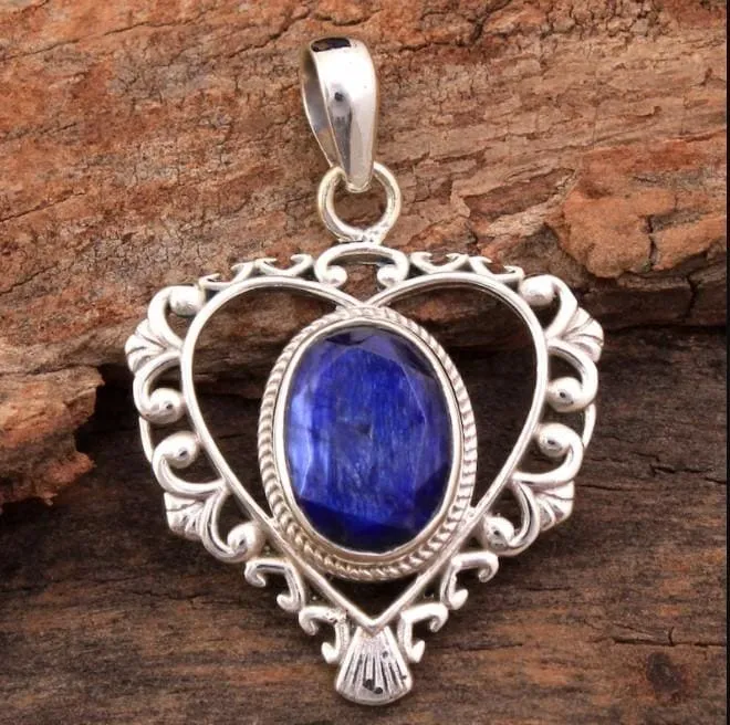 Faceted Blue Sapphire Oval Shape Gemstone Heart 925 Sterling Silver Pendant,Handmade Designer Jewelry, For Her