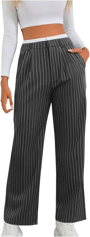Fall Winter Striped Trousers for Women Casual Comfy Soft Straight Leg Long Pants High Waist Tummy Control Pants 2024
