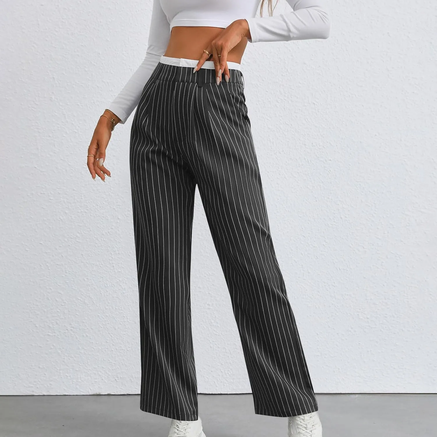 Fall Winter Striped Trousers for Women Casual Comfy Soft Straight Leg Long Pants High Waist Tummy Control Pants 2024