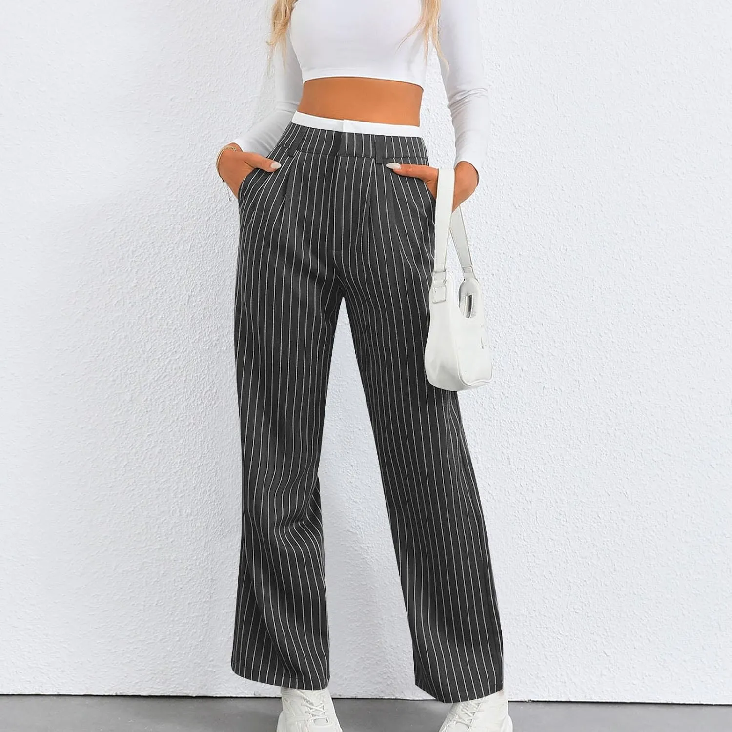 Fall Winter Striped Trousers for Women Casual Comfy Soft Straight Leg Long Pants High Waist Tummy Control Pants 2024