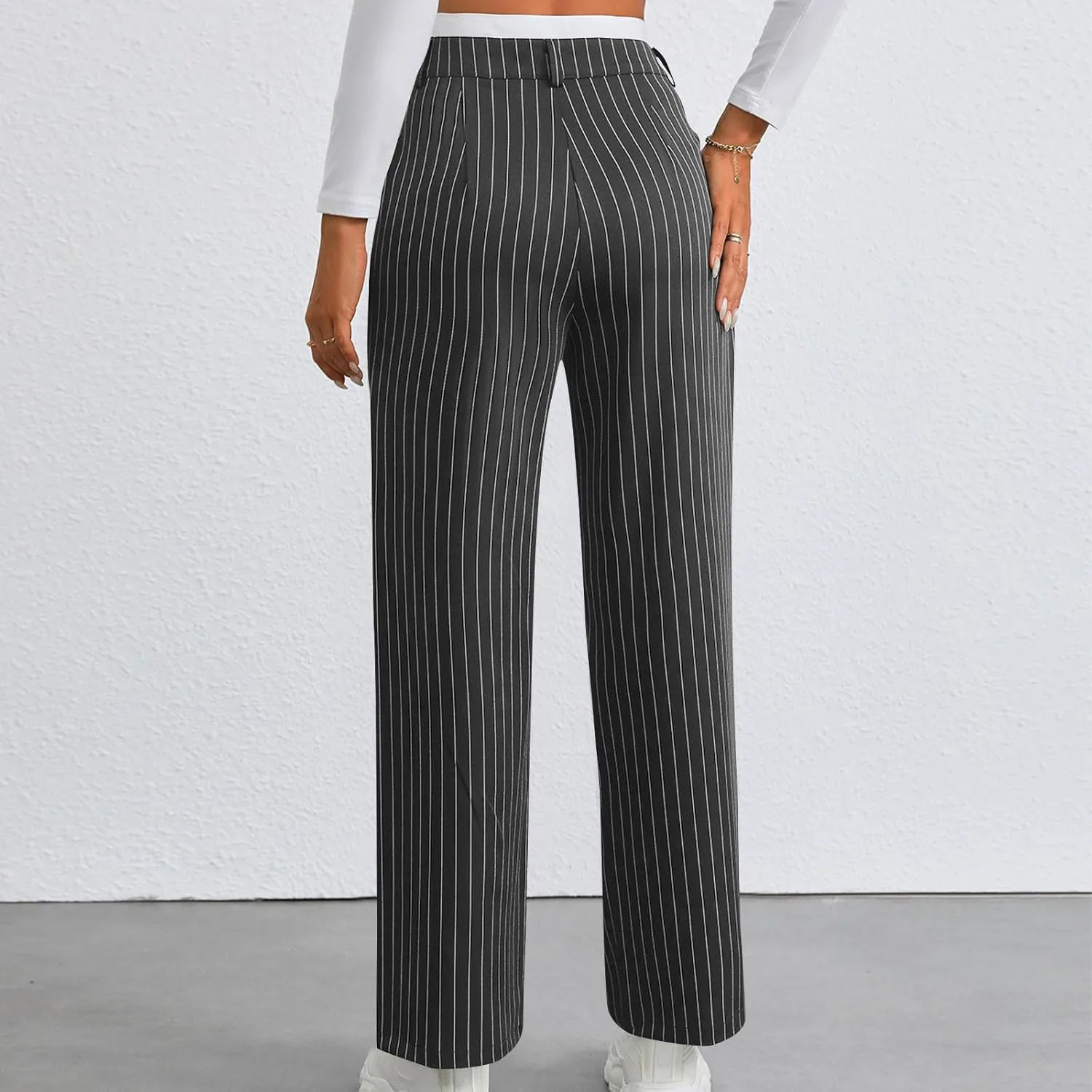 Fall Winter Striped Trousers for Women Casual Comfy Soft Straight Leg Long Pants High Waist Tummy Control Pants 2024