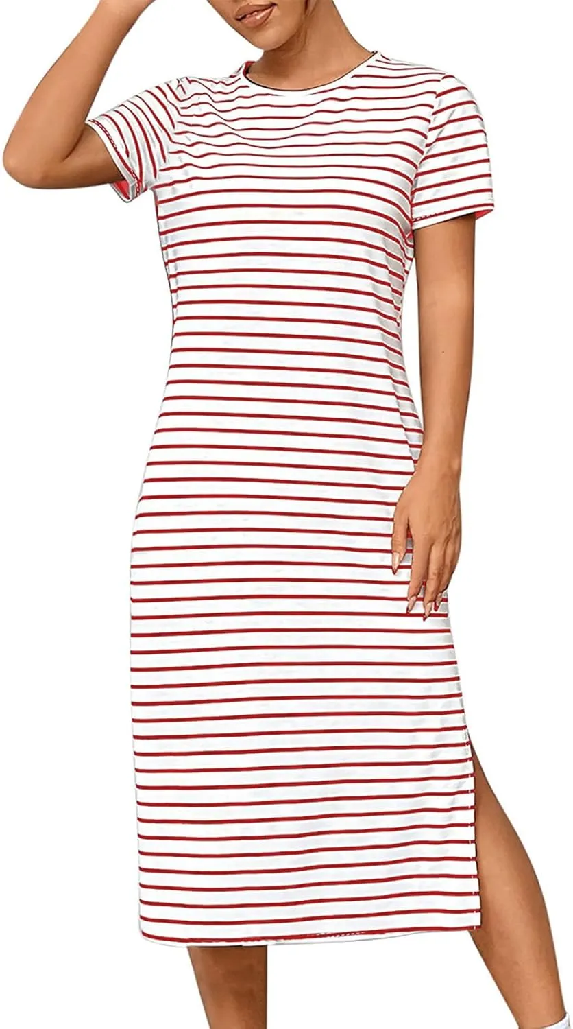 Fashion Womens Spring Summer Dresses Striped Short Sleeve Casual Dress Slim Side Split Business Dress with Pocket
