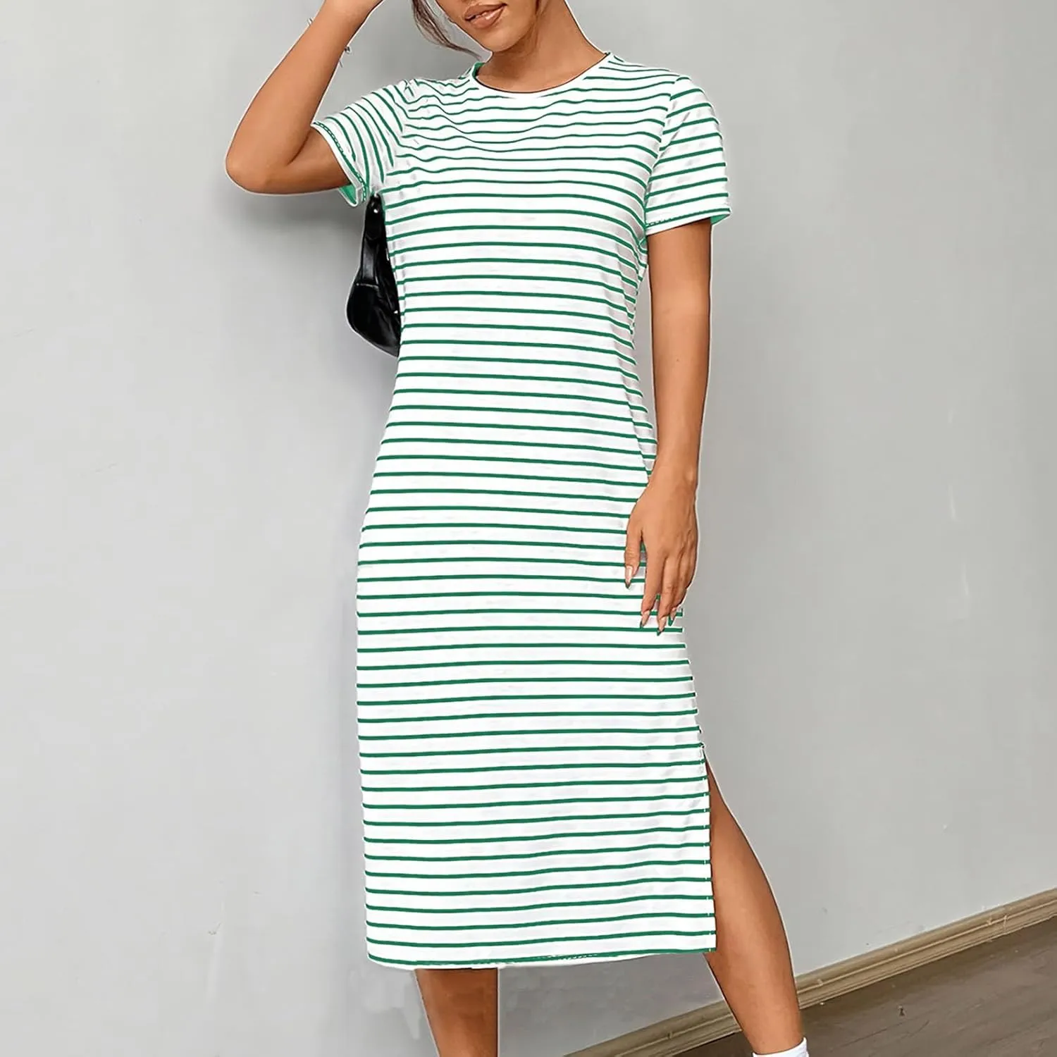 Fashion Womens Spring Summer Dresses Striped Short Sleeve Casual Dress Slim Side Split Business Dress with Pocket