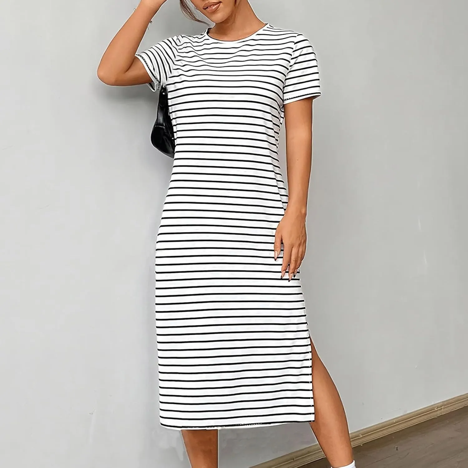 Fashion Womens Spring Summer Dresses Striped Short Sleeve Casual Dress Slim Side Split Business Dress with Pocket