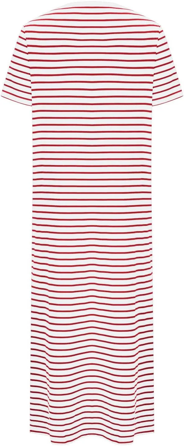 Fashion Womens Spring Summer Dresses Striped Short Sleeve Casual Dress Slim Side Split Business Dress with Pocket