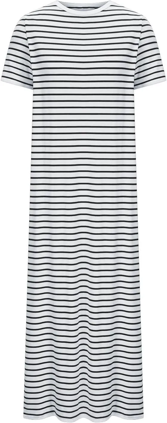 Fashion Womens Spring Summer Dresses Striped Short Sleeve Casual Dress Slim Side Split Business Dress with Pocket