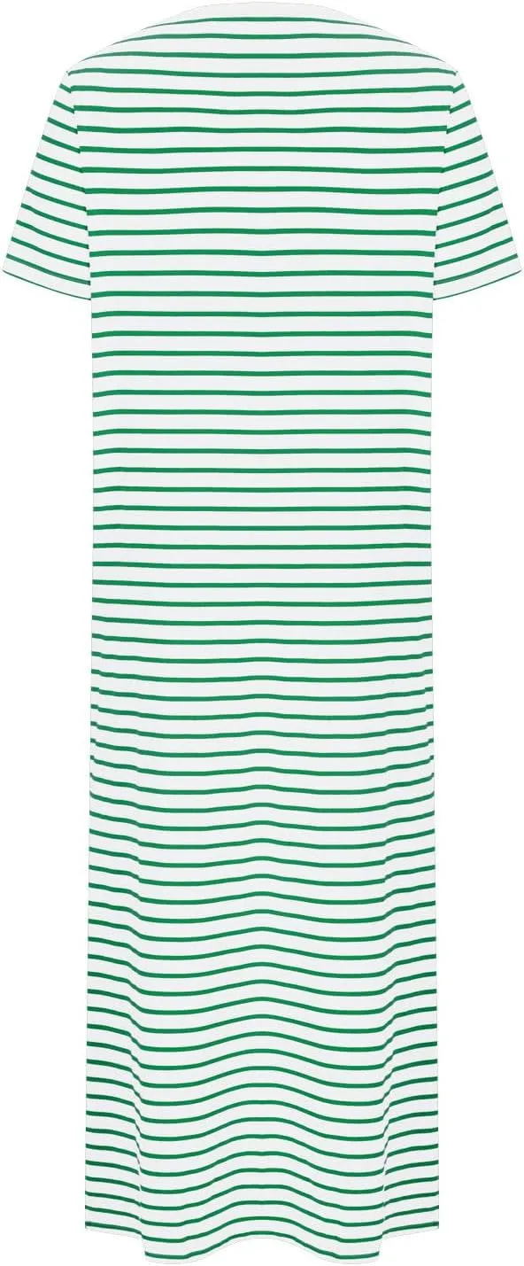 Fashion Womens Spring Summer Dresses Striped Short Sleeve Casual Dress Slim Side Split Business Dress with Pocket