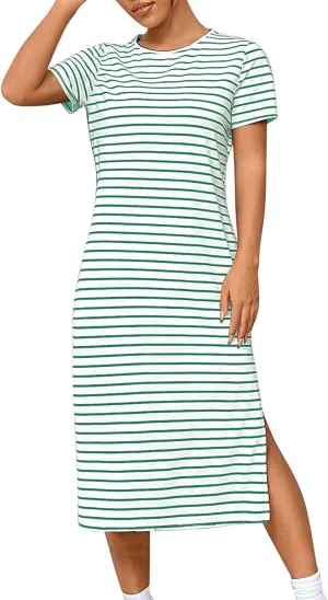 Fashion Womens Spring Summer Dresses Striped Short Sleeve Casual Dress Slim Side Split Business Dress with Pocket