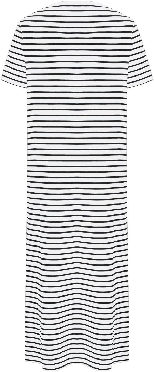 Fashion Womens Spring Summer Dresses Striped Short Sleeve Casual Dress Slim Side Split Business Dress with Pocket