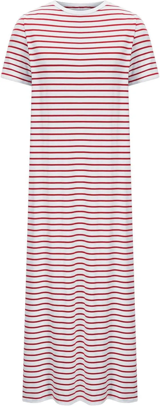Fashion Womens Spring Summer Dresses Striped Short Sleeve Casual Dress Slim Side Split Business Dress with Pocket