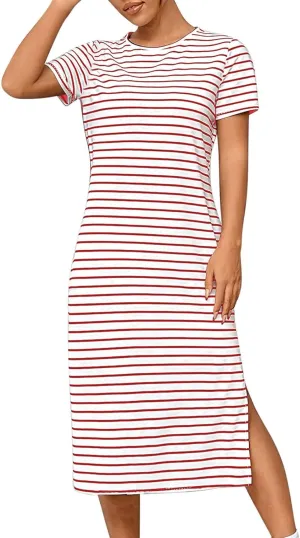 Fashion Womens Spring Summer Dresses Striped Short Sleeve Casual Dress Slim Side Split Business Dress with Pocket