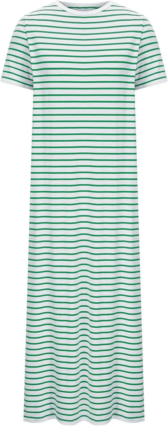 Fashion Womens Spring Summer Dresses Striped Short Sleeve Casual Dress Slim Side Split Business Dress with Pocket