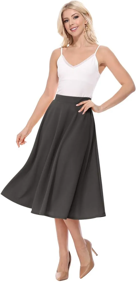 FashionJOA Women's Solid Print Casual Comfy Sexy Office Work Relaxed Fit A-Line Midi Skirt
