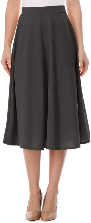 FashionJOA Women's Solid Print Casual Comfy Sexy Office Work Relaxed Fit A-Line Midi Skirt