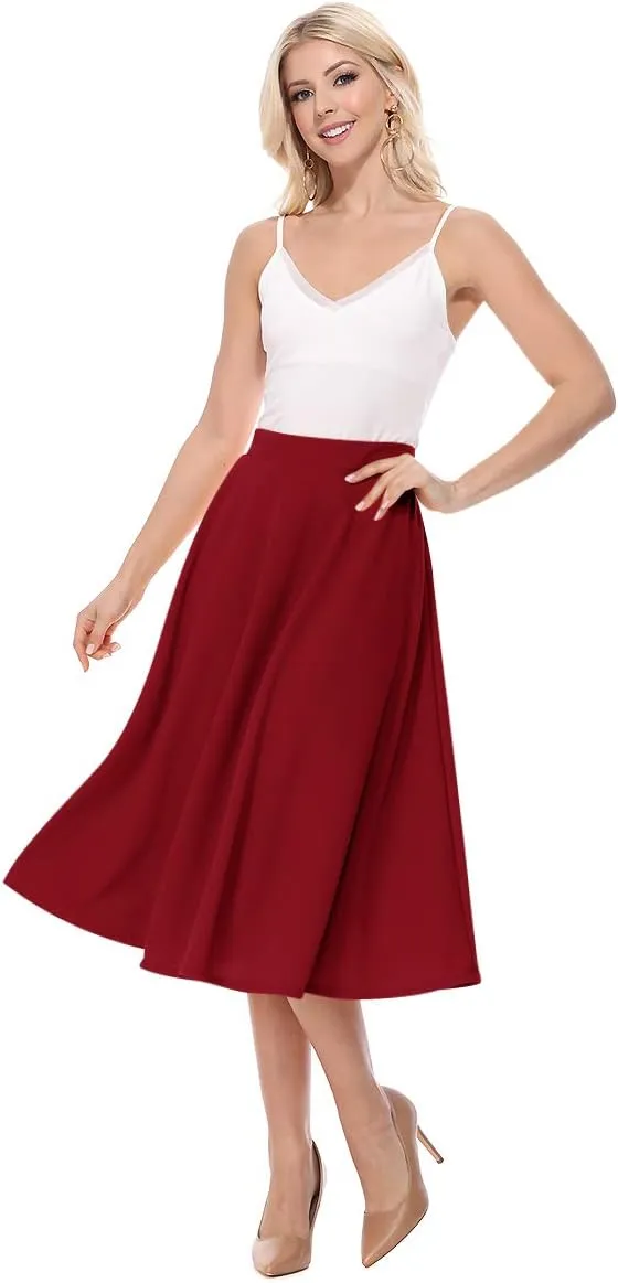 FashionJOA Women's Solid Print Casual Comfy Sexy Office Work Relaxed Fit A-Line Midi Skirt