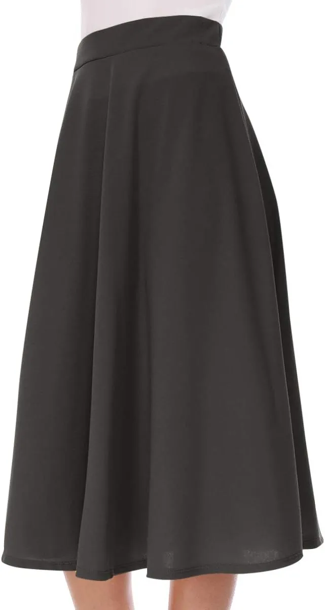 FashionJOA Women's Solid Print Casual Comfy Sexy Office Work Relaxed Fit A-Line Midi Skirt